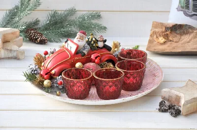 Drevený adventný podnos na 4 čajové sviečky, červeno-zlatý