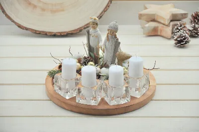 Drevený adventný podnos s deťmi-lyžiarmi
